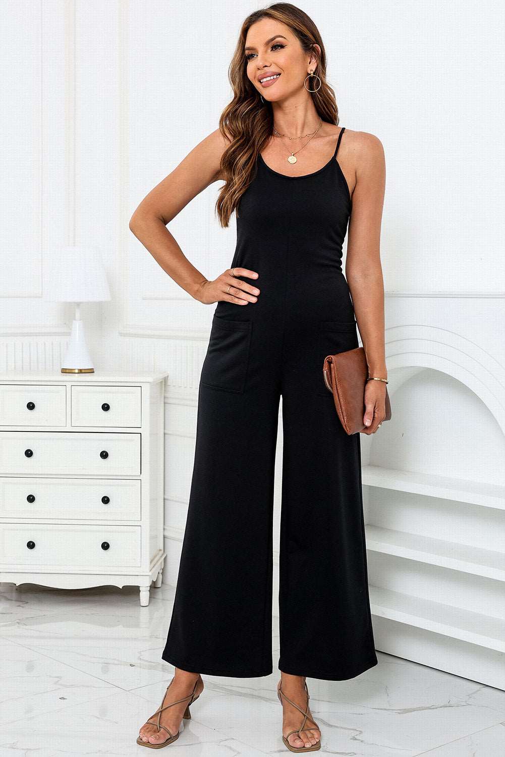 Black Patch Pockets Spaghetti Strap Wide Leg Jumpsuit - NOVA VOGUE