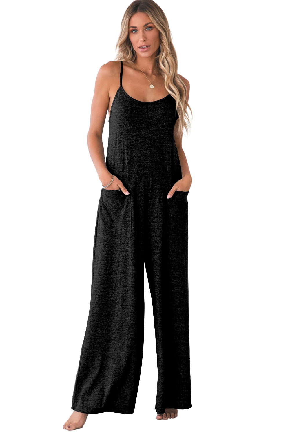 Black Patch Pockets Spaghetti Strap Wide Leg Jumpsuit - NOVA VOGUE