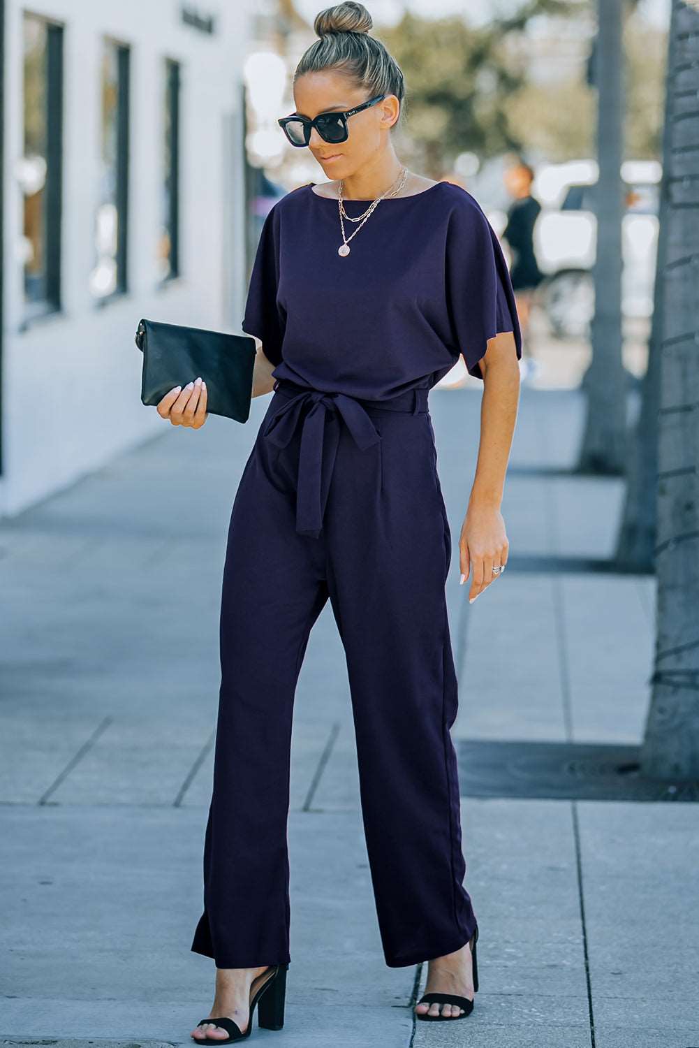 Blue Oh So Glam Belted Wide Leg Jumpsuit - NOVA VOGUE