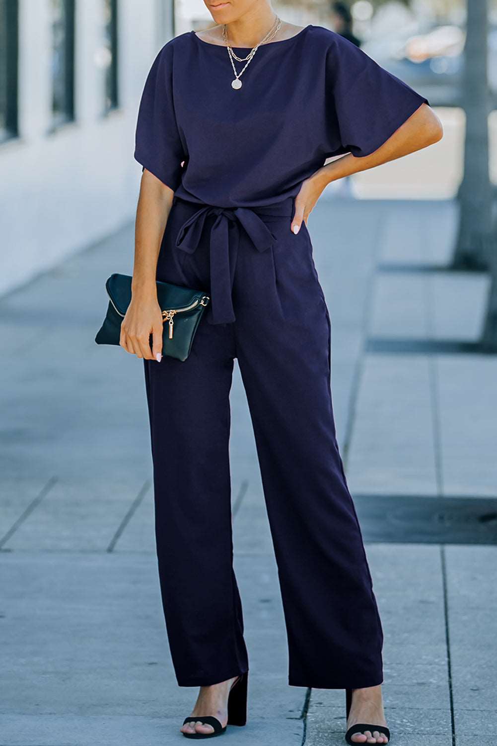 Blue Oh So Glam Belted Wide Leg Jumpsuit - NOVA VOGUE