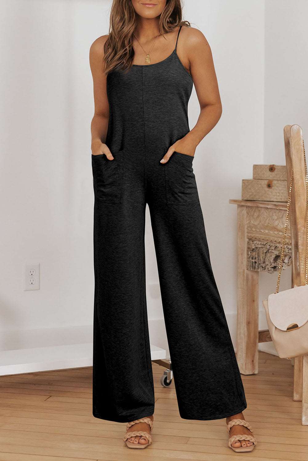 Black Patch Pockets Spaghetti Strap Wide Leg Jumpsuit - NOVA VOGUE