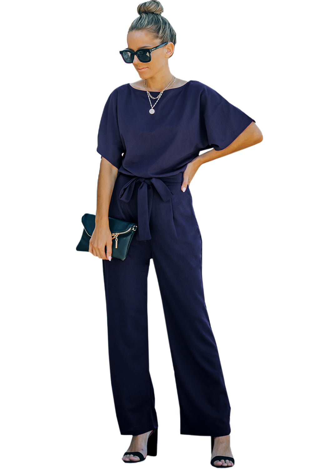 Blue Oh So Glam Belted Wide Leg Jumpsuit - NOVA VOGUE