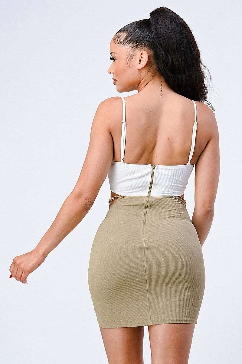 Multi Fabric Bralette Side Cutout With Gold Chain Zipper Closure Back Bodycon Mini Dress - NOVA VOGUE