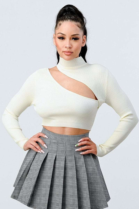 Lux Sweater Rib Cutout Mock Neck Crop Top - NOVA VOGUE