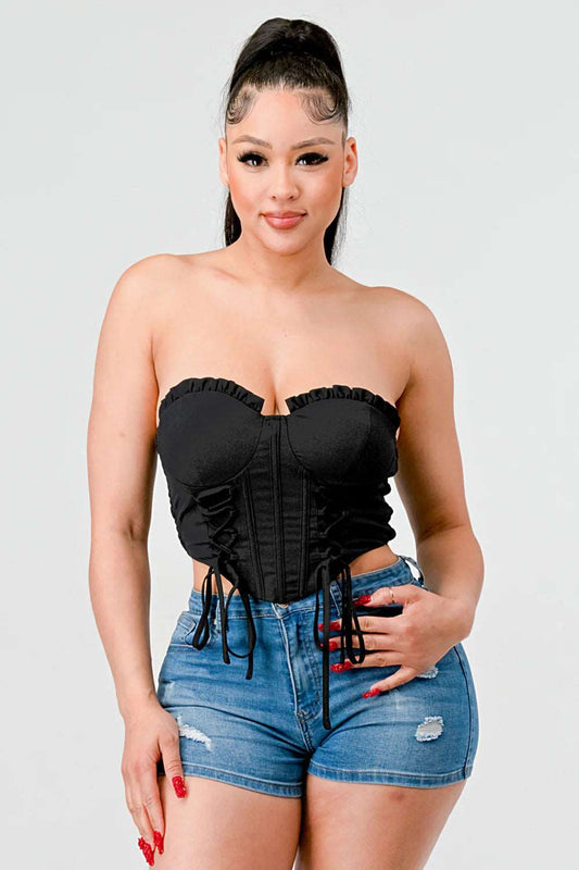 Luxe sweetheart ruffled drawstring lace bustier top - NOVA VOGUE