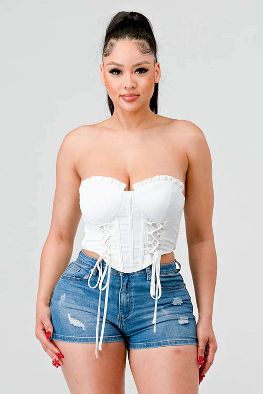 Luxe sweetheart ruffled drawstring lace bustier top - NOVA VOGUE