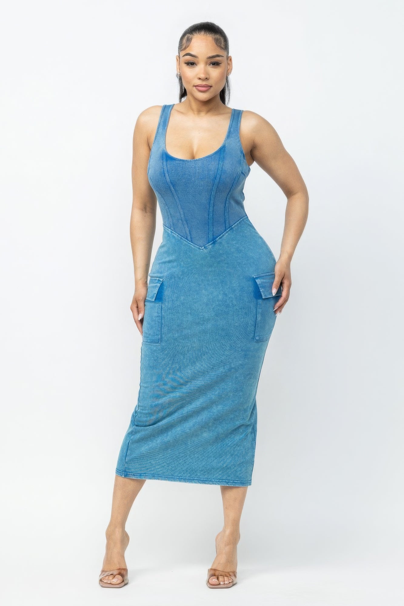 Acid Washed Cargo Midi Dress