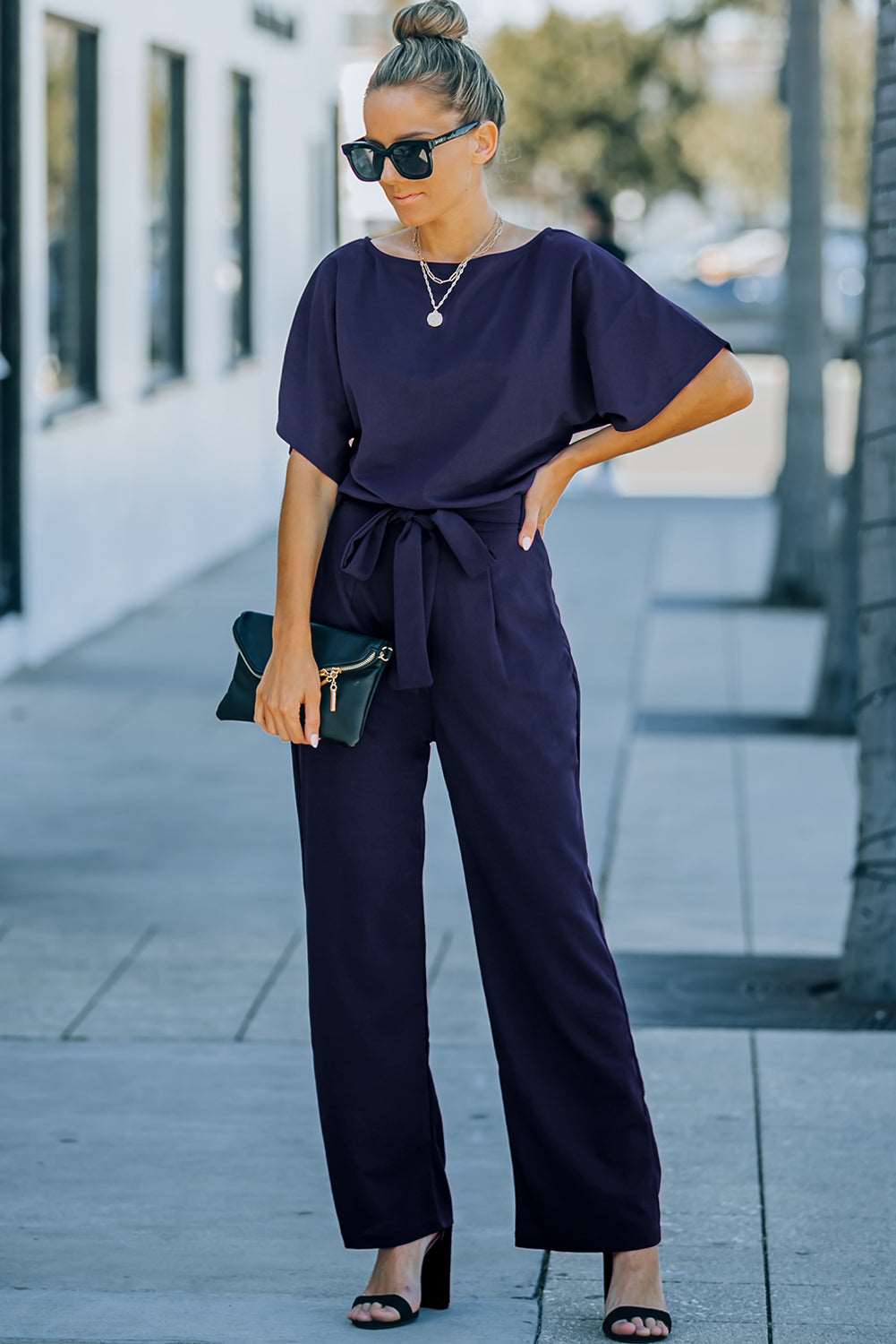 Blue Oh So Glam Belted Wide Leg Jumpsuit - NOVA VOGUE