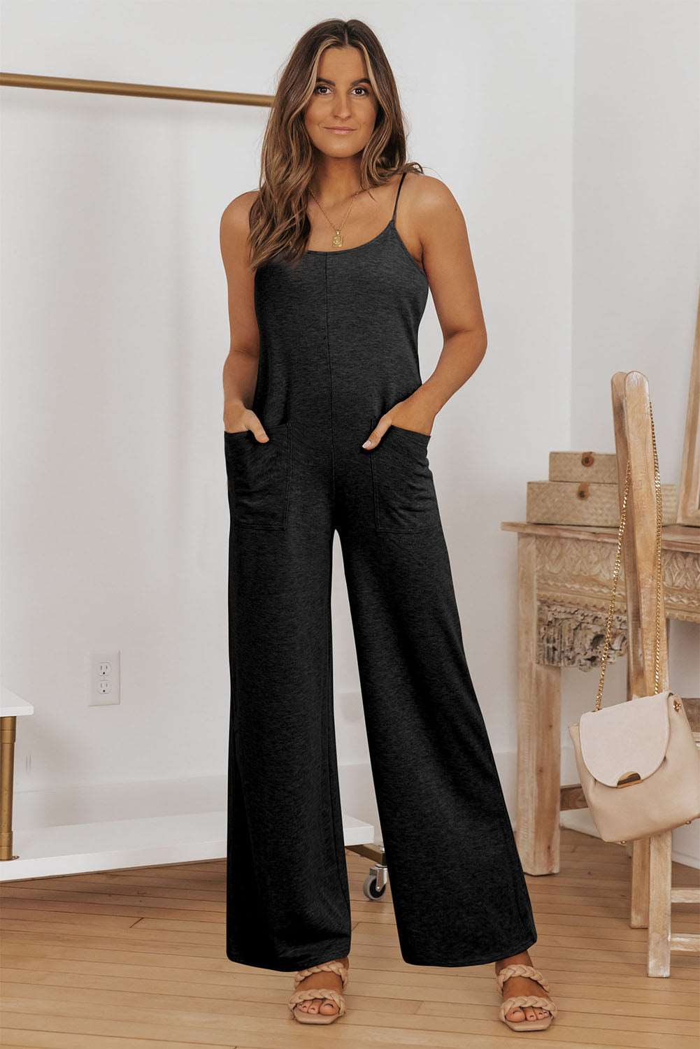 Black Patch Pockets Spaghetti Strap Wide Leg Jumpsuit - NOVA VOGUE