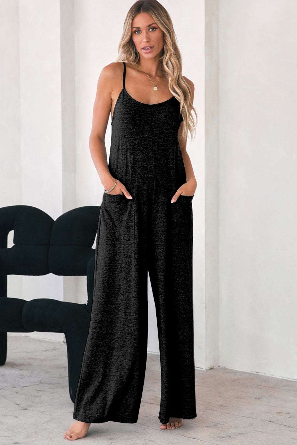 Black Patch Pockets Spaghetti Strap Wide Leg Jumpsuit - NOVA VOGUE