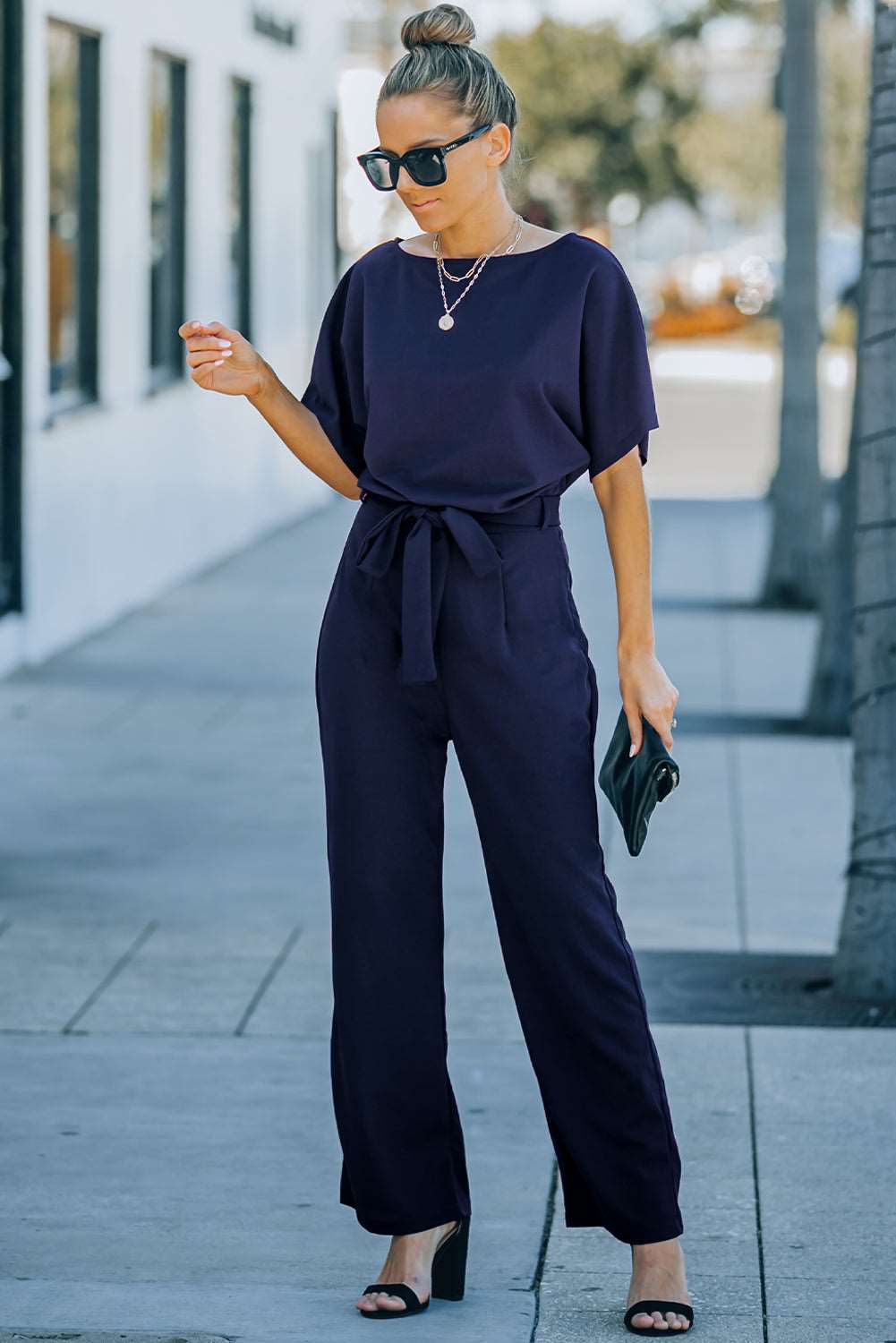 Blue Oh So Glam Belted Wide Leg Jumpsuit - NOVA VOGUE