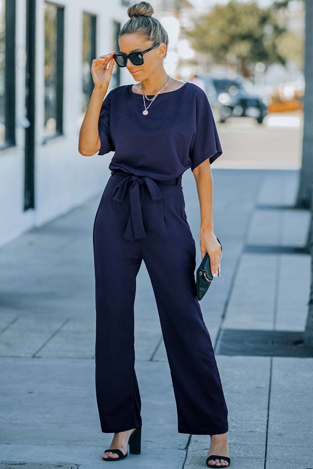 Blue Oh So Glam Belted Wide Leg Jumpsuit - NOVA VOGUE