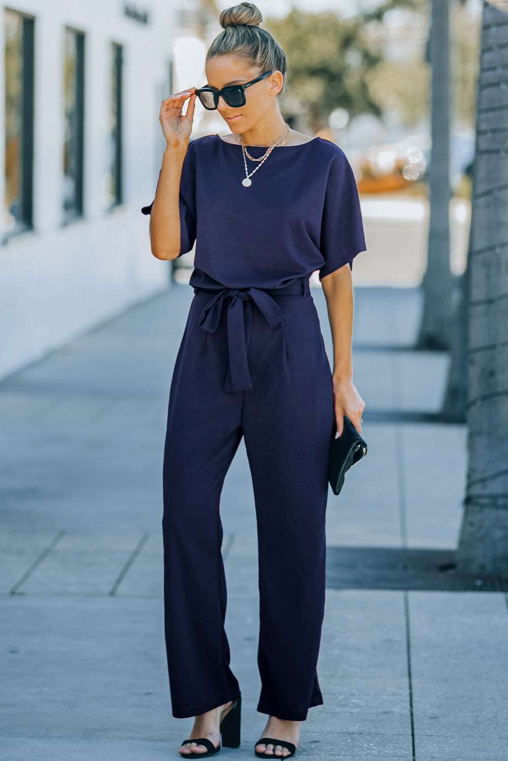 Blue Oh So Glam Belted Wide Leg Jumpsuit - NOVA VOGUE