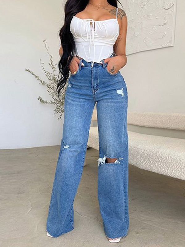 High Rise Distressed Wide Leg Jeans