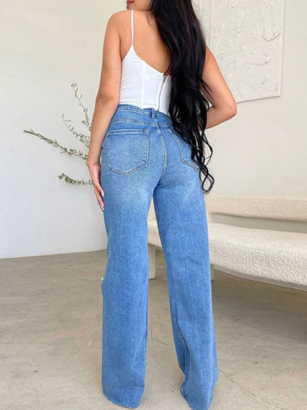 High Rise Distressed Wide Leg Jeans