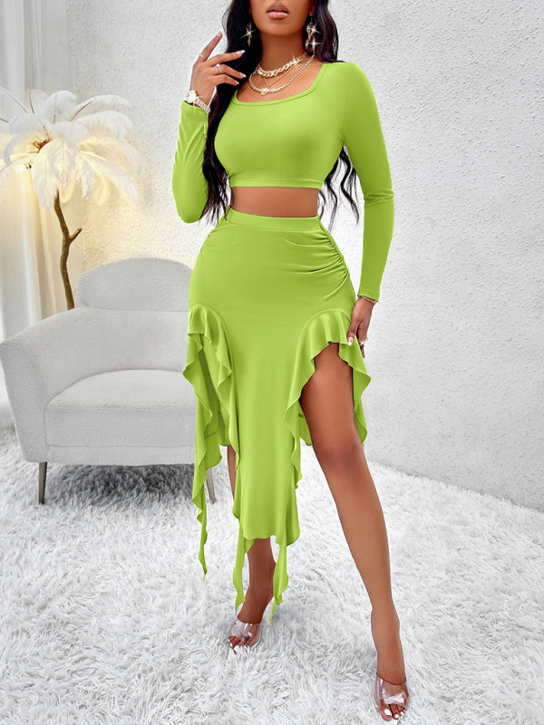 Chic Solid Round Neck Long Sleeve Top & Ruffled Skirt