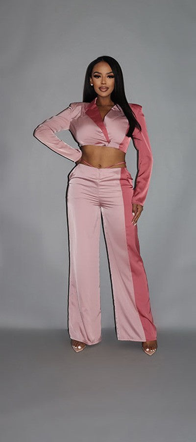 Colorblock Crop Blazer With Matching Low Rise Wide Leg Pant Set With Pockets - NOVA VOGUE