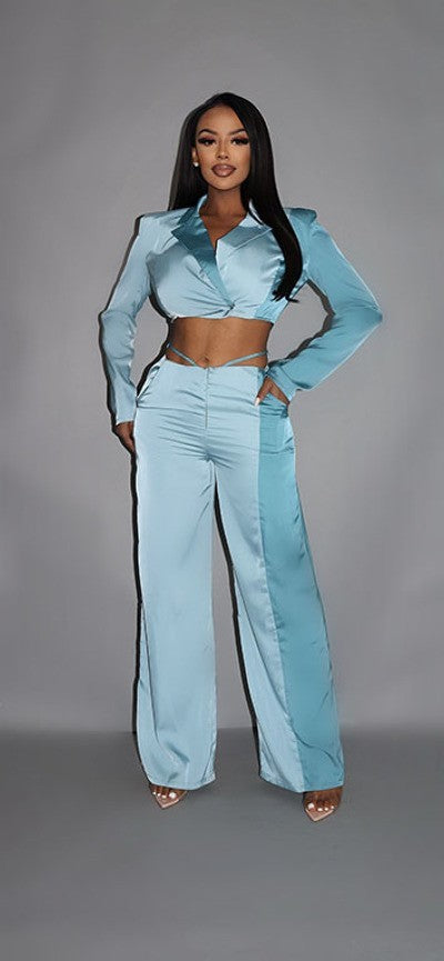 Colorblock Crop Blazer With Matching Low Rise Wide Leg Pant Set With Pockets - NOVA VOGUE