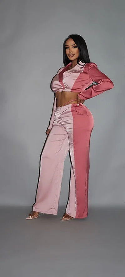 Colorblock Crop Blazer With Matching Low Rise Wide Leg Pant Set With Pockets - NOVA VOGUE