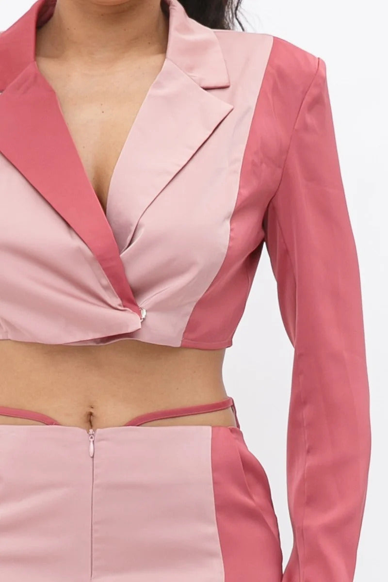 Colorblock Crop Blazer With Matching Low Rise Wide Leg Pant Set With Pockets - NOVA VOGUE