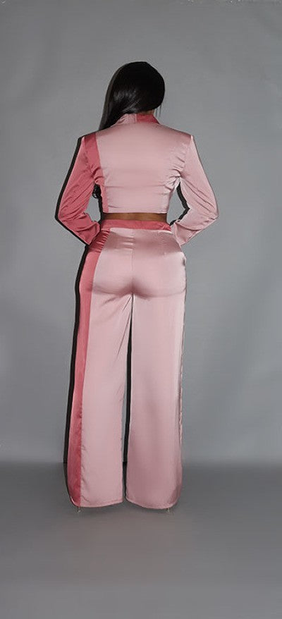 Colorblock Crop Blazer With Matching Low Rise Wide Leg Pant Set With Pockets - NOVA VOGUE