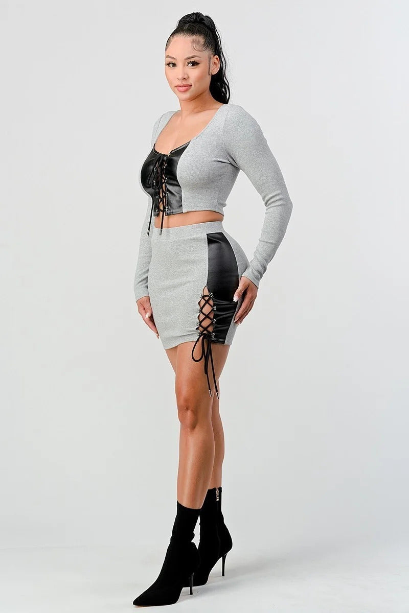 2 Piece Set With Cropped Long Sleeve Shirt With Pu Leather Detail Matching Mini Skirt - NOVA VOGUE