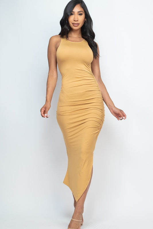 Sleeveless Ruched Side Split Maxi Dress - NOVA VOGUE