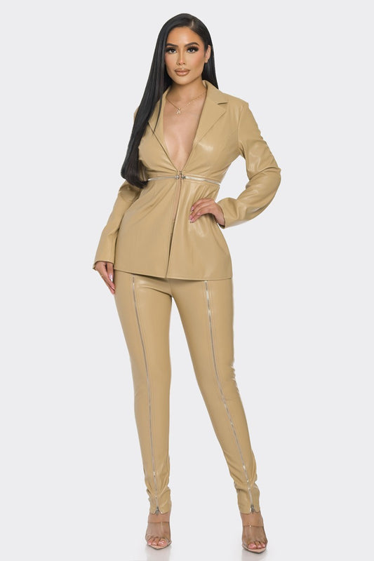 Pu Leather Zipper Pant Set - NOVA VOGUE