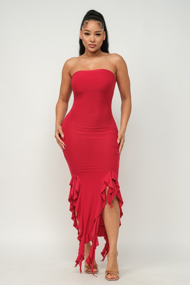 Solid Bottom Ruffle Trim Hem Slit Tube Maxi Dress - NOVA VOGUE