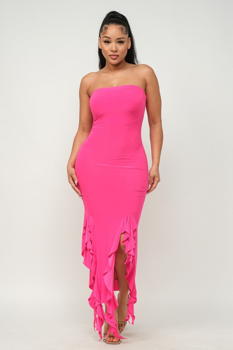 Solid Bottom Ruffle Trim Hem Slit Tube Maxi Dress - NOVA VOGUE