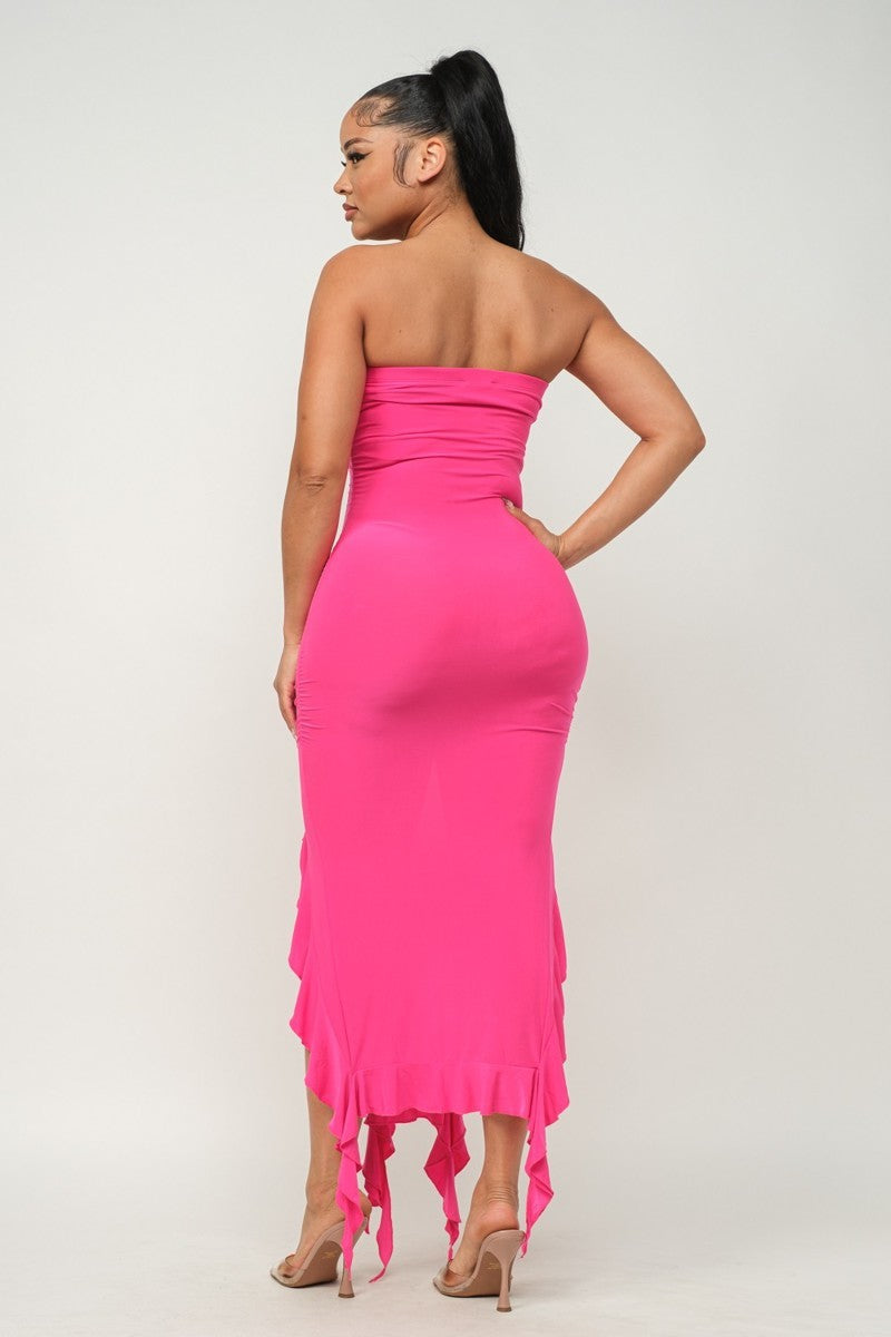 Solid Bottom Ruffle Trim Hem Slit Tube Maxi Dress - NOVA VOGUE