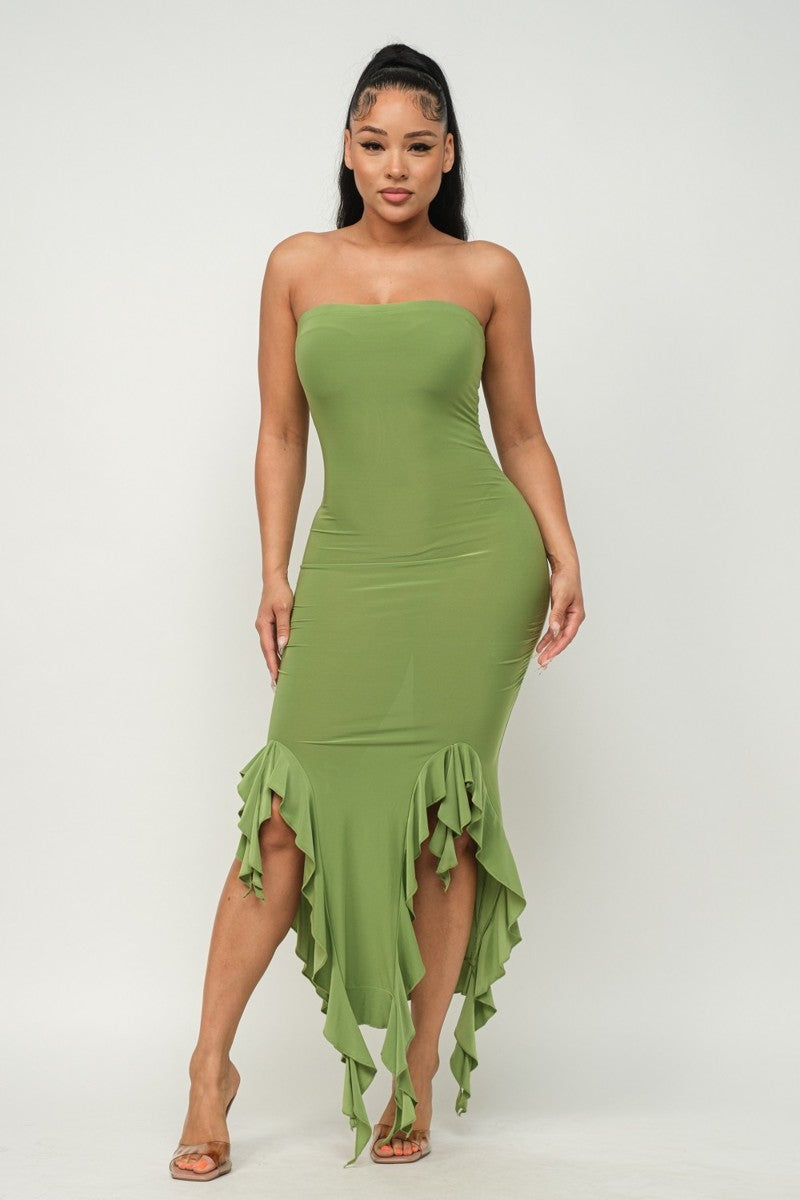 Solid Bottom Ruffle Trim Hem Slit Tube Maxi Dress - NOVA VOGUE