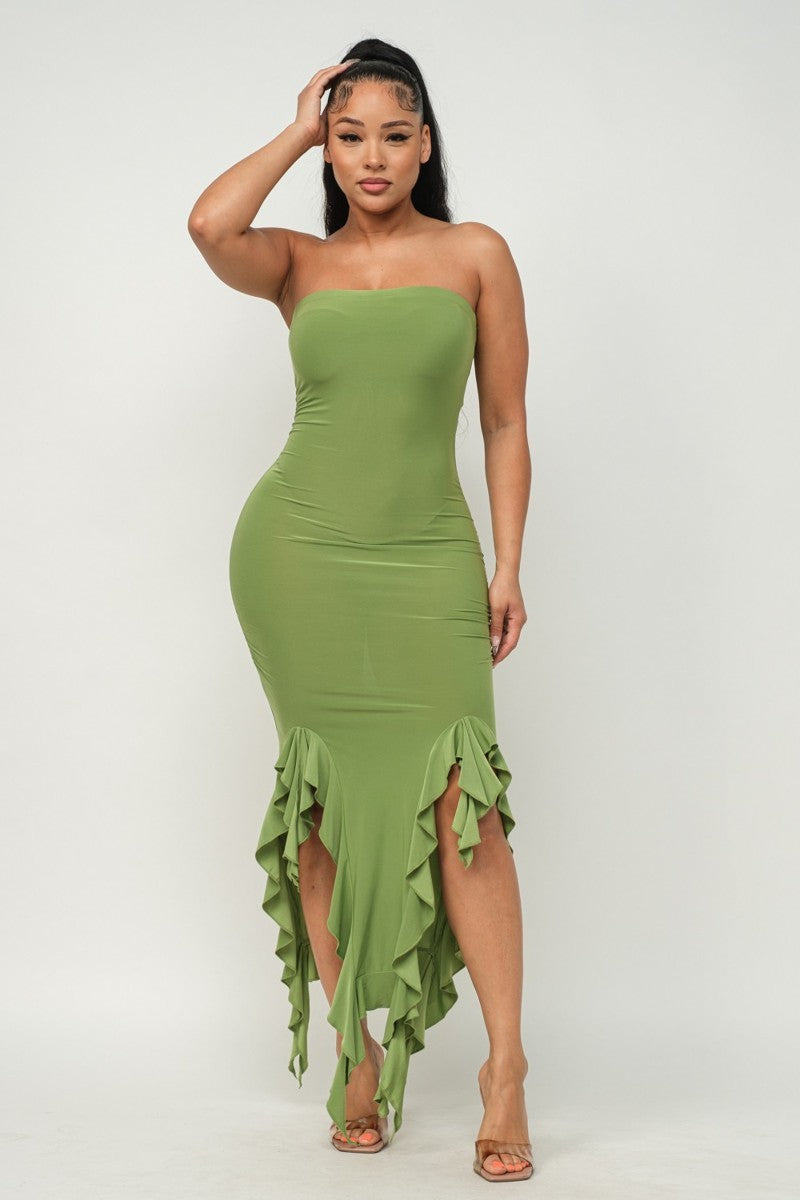 Solid Bottom Ruffle Trim Hem Slit Tube Maxi Dress - NOVA VOGUE