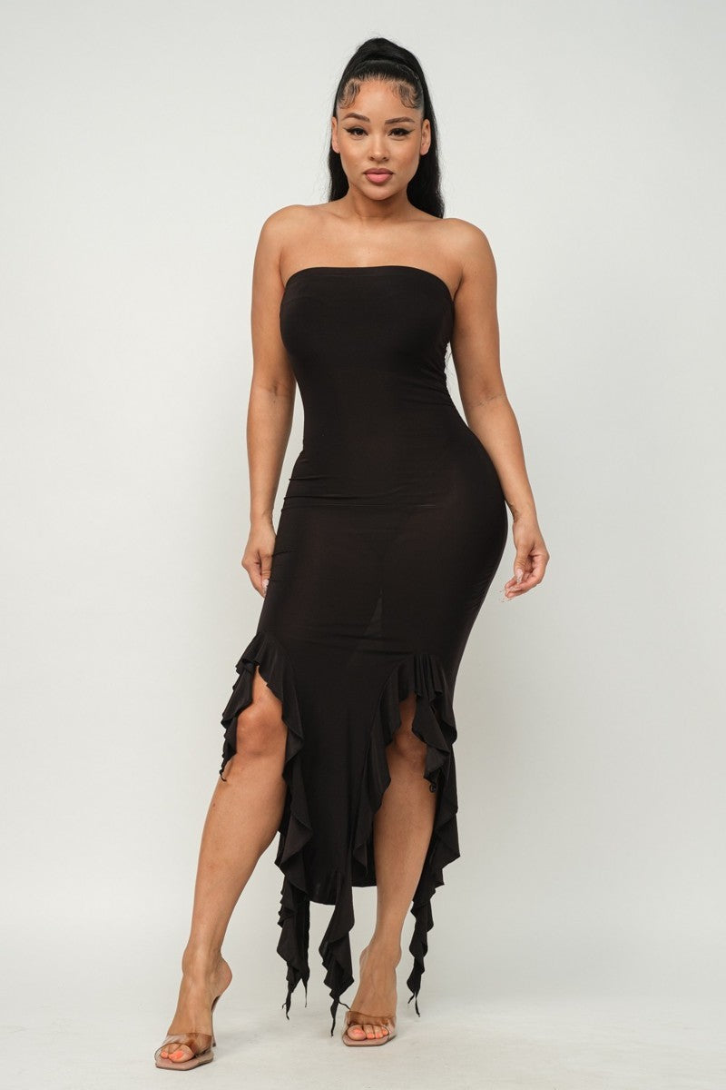 Solid Bottom Ruffle Trim Hem Slit Tube Maxi Dress - NOVA VOGUE