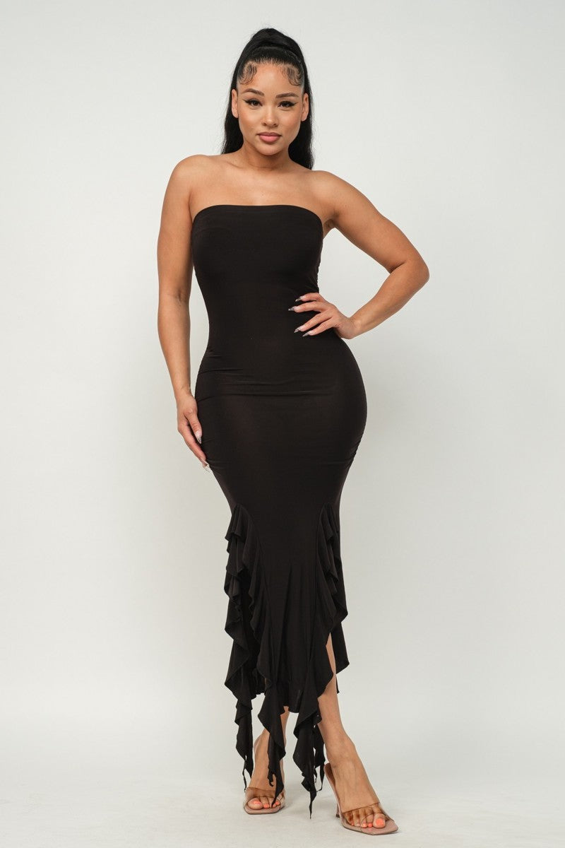 Solid Bottom Ruffle Trim Hem Slit Tube Maxi Dress - NOVA VOGUE