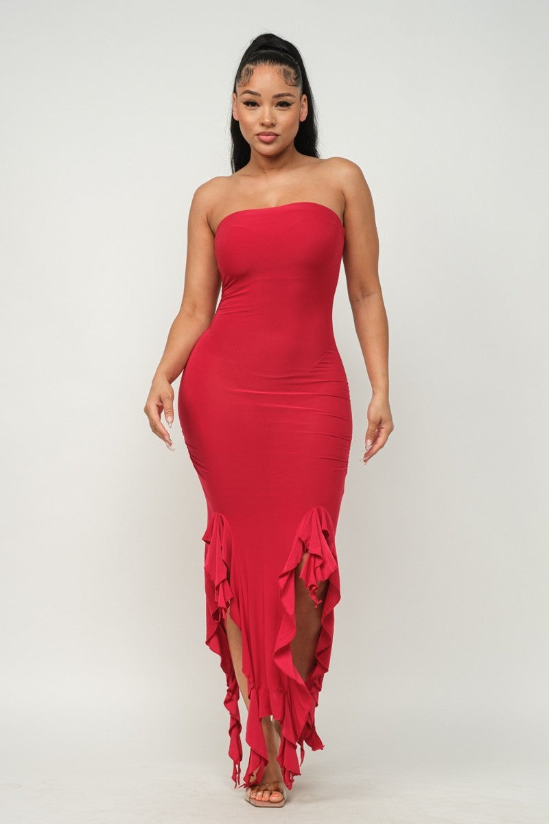 Solid Bottom Ruffle Trim Hem Slit Tube Maxi Dress - NOVA VOGUE