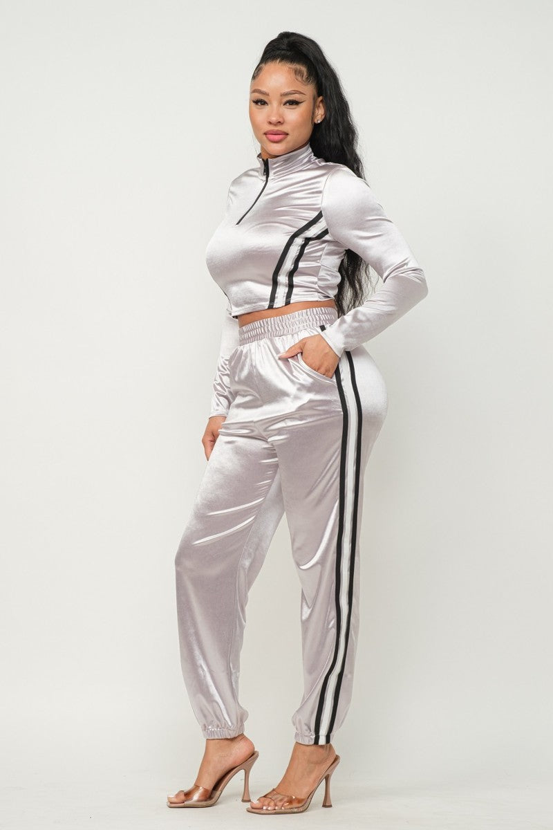 Front Zip Up Stripes Detail Jacket And Pants Set - NOVA VOGUE