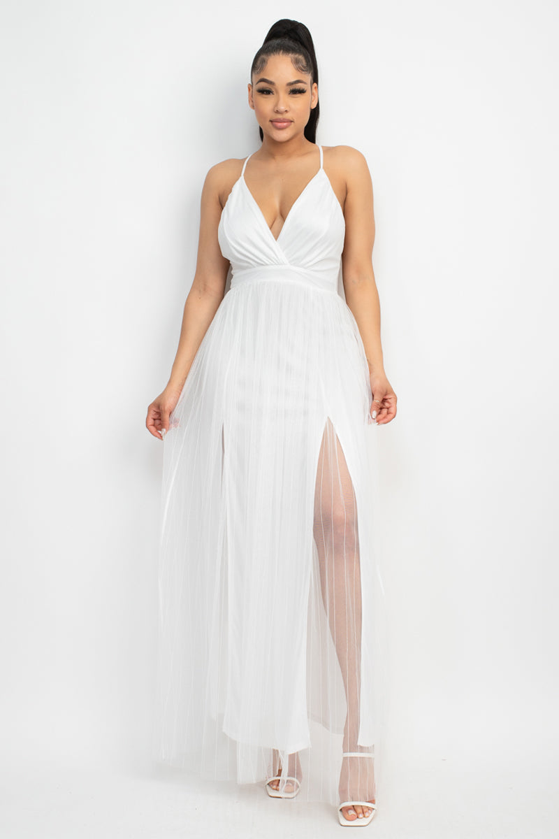 Pleated Mesh Slit Maxi Dress - NOVA VOGUE