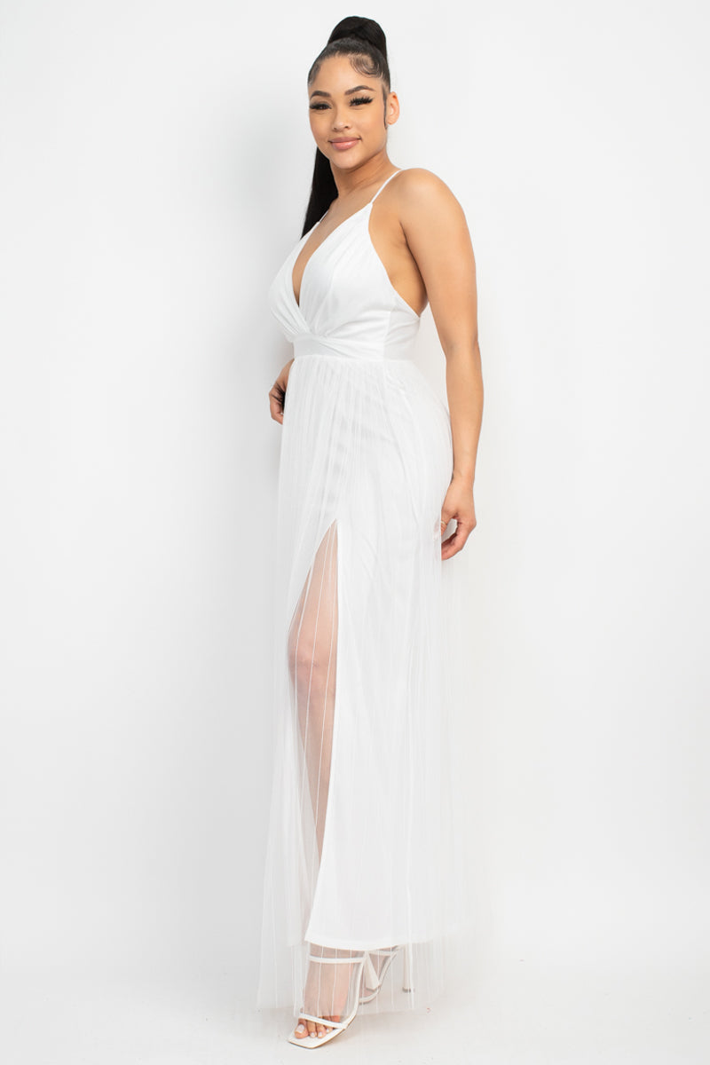 Pleated Mesh Slit Maxi Dress - NOVA VOGUE