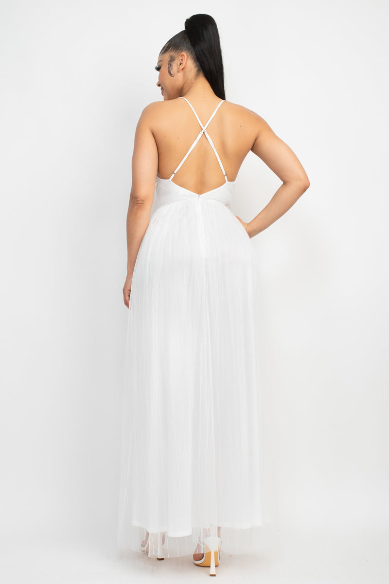 Pleated Mesh Slit Maxi Dress - NOVA VOGUE